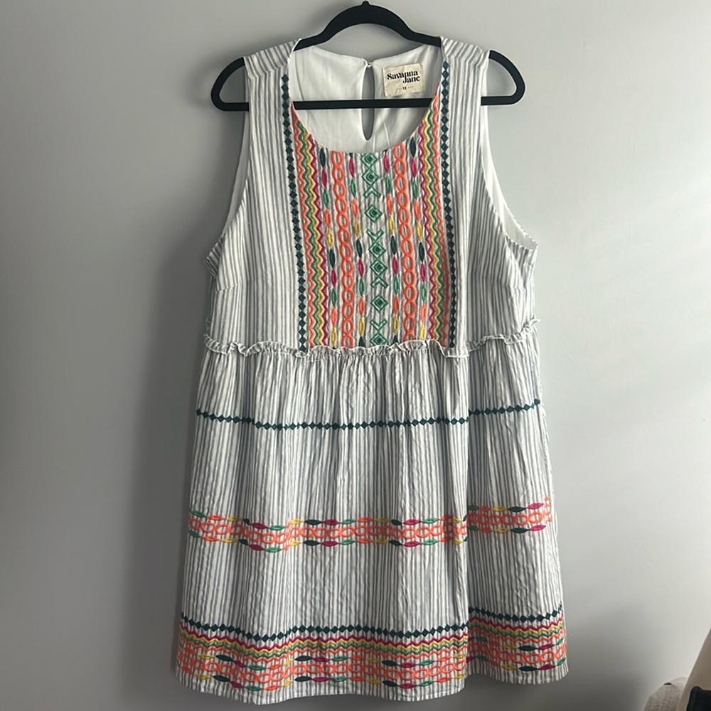 Blue Sleeveless Striped Savanna Jane Dress with Colorful Stitching Detail, 1X